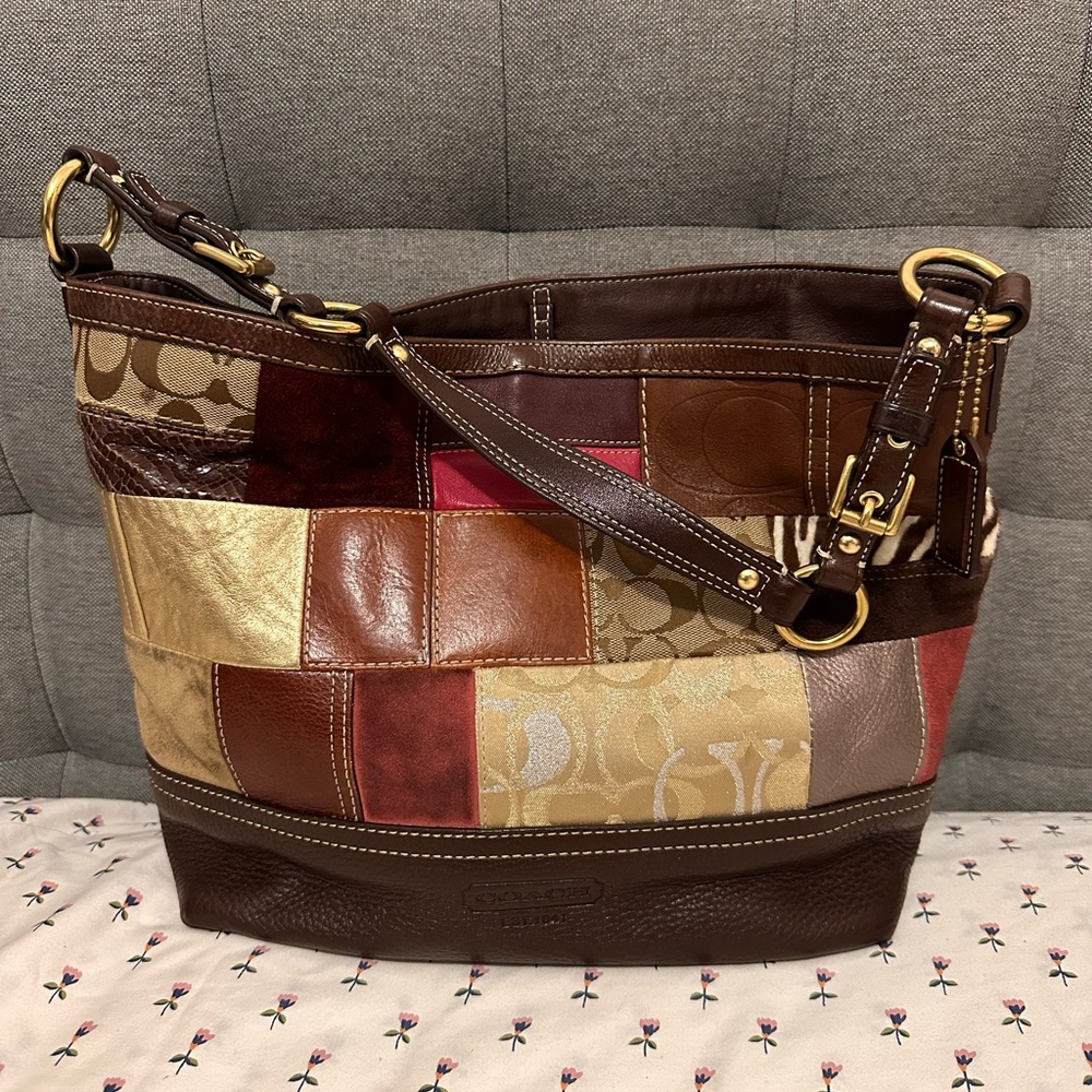 Coach Patchwork Shoulder Bag - Brown, Gold, Red